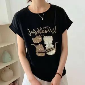 스팽글캣 라운드넥 반팔 스판 티셔츠_M4791