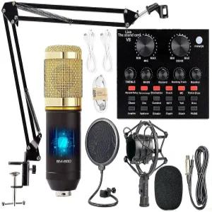 팟캐스트 장비 번들 라이브 사운드 카드가 포함된 BM-800 마이크 키트 조절 가능한 서스펜션 가위 암 메탈