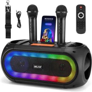 무선 마이크 2개가 장착된 델소 노래방 기계 파티용 강력한 휴대용 블루투스 스피커 LED 조명이 PA 시스템