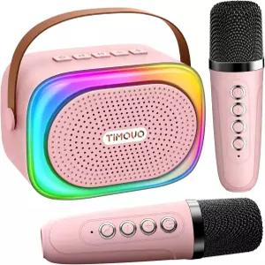 TiMOVO 미니 노래방 기계 무선 마이크 2개와 LED 조명이 장착된 휴대용 블루투스 스피커 가족 홈 파티를
