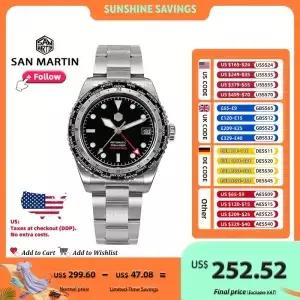 San Martin Design GMT 남성용 시계 월드 타이머 방수 NH34 자동 기계식 손목시계 20Bar 사파이어 글래스