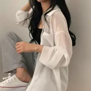 시스루 박시 여성 커버업 남방 루즈핏 화이트 카라 셔츠 WFOF3YT
