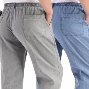 바지 마 시원한 여름 팬츠 여름철 아빠 중년 및 노년 남성 얇은 린넨 리넨 캐주얼 신축성 있는 허리 면과