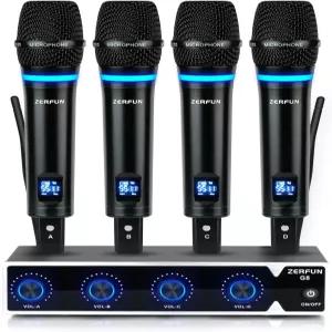ZERFUN 프로 충전식 무선 마이크 시스템 4채널 UHF 메탈 핸드헬드 VOL 제어 기능 포함 노래방 노래 교회용