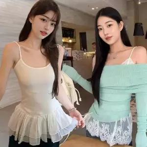 여자 밑단 레이스 레이어드나시 끈나시 이너티 프릴 민소매 티셔츠