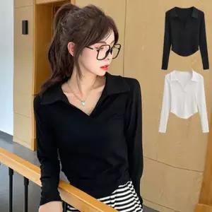 여성 2컬러 심플 카라 브이넥 골지 소프트 긴팔티셔츠 브이넥티셔츠 골지티셔츠