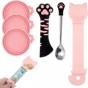 Cfyosnk 6 PCS 고양이 사료 캔 커버 세트 재사용 가능한 실리콘 뚜껑과 오프너 스테인리스 스틸 습식 스푼