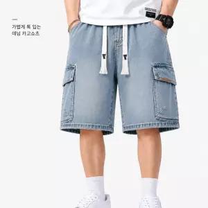 남자 와이드 데님 카고 반바지 밴딩 청반바지