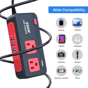 250W 차량용 파워 인버터 시가 라이터 DC 12V 110V AC 변환기 2개의 콘센트 PD 18W QC 3.0 및 USB 포함