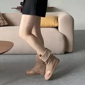 성인레인부츠 스웨이드소재 발목 버클 스트랩 토오픈쪼리 미들 부츠