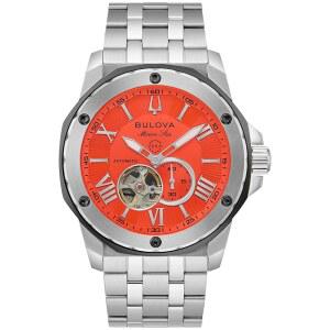 불로바 남성 u2019 자동 마린 스타 시리즈 A, 실버 톤 스테인리스 스틸 케이스, 44mm 주황색 하트비트 다이얼(스타일: 98A333)