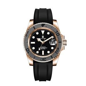 남성용 Corgeut 6001G-R 자동 다이빙 시계, 일본식 와인딩 무브먼트, 41mm 로즈 골드 스테인리스 스틸 케이스, 사파이어 크리스탈, 100M 방수, 회전 베젤, 고무 스트랩이 있는 야광 데이트 시계
