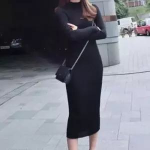 이쁘다요 슬림핏 미디 롱 니트 심플 패션 여성 프릴 반팔 타이트한 브이 골지 원피스