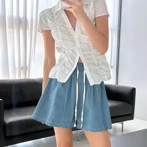 [하프클럽/]여자 에이라인 큐롯팬츠 자수 끈밴딩 청반바지