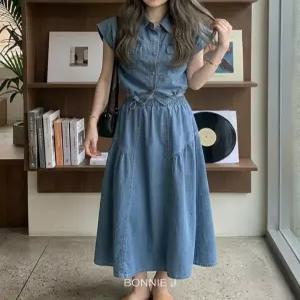 [보니제이]여름 데님 반팔 셔츠 롱 스커트 세트 크롭 숏 블라우