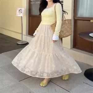 에멘탈 플라워 레이스 쉬폰 밴딩 롱스커트_M4805
