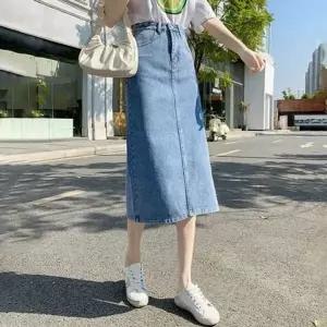 [하프클럽/]WL 데님 롱 청치마 절개라인 깔끔한 데일리 스커트 다리가 길어