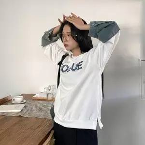 여자 체형커버 루즈핏 데님 소매 포인트 배색 맨투맨_25443025_588872