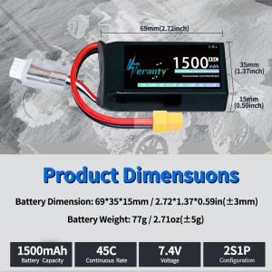 3개입 테란티 2S 리포 배터리 1500mAh 45C T XT30 플러그 포함 비행기 헬리콥터 FPV 드론 자동차 경주용