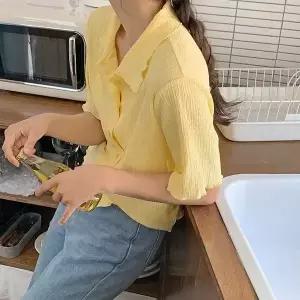 핫핑 [포인트템] 라비크 링클주름 카라 반팔 러플가디건 블라우스