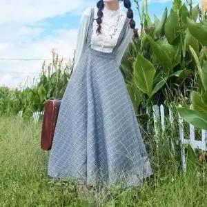 복고의상대여 하늘색원피스 롱원피스 잔체크 교복치마 교복 여성 여름 체크 셔츠형 캐주얼