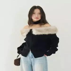 여성용 블랙 니트 야구 점퍼 이노 슬림 일자 퍼 넥 더블 집업 긴팔 코트 KS1