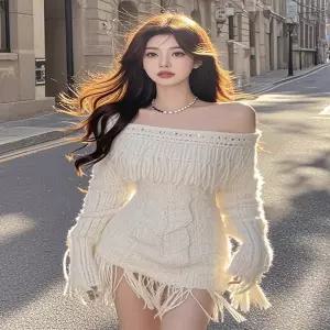 롱 원피스 여름 빅사이즈 케니 니트 원 숄더 드레스 여성 가을 겨울 아름다운 태슬 숏 스커트 하이 웨이스