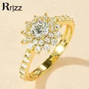 Rrjzz 브릴리언트 AAAAA 라운드 컷 CZ 시뮬레이션 다이아몬드 반지 14k 골드 도금 꽃 약혼 여성을위한 파인