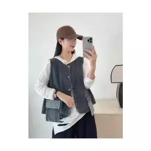 캐주얼조끼 여성 조끼 데님 빈티지 라운드 싱글 포켓 블레이저 admr1