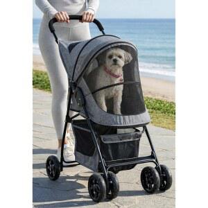 PET GEAR HAPPY TRAILS LITE 반려동물 탈착식 그레이 유모차, 보관 테더, 입구, 접을 /강아지용, 쉽게 있음, 안전 바구니, 티타늄 지퍼 수 안감으로 고양이