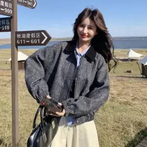 여성 회색 모직 가을 코트 터틀넥 반 슬림핏 오버핏 상의 DUCHI3