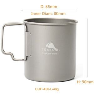 TOAKS 티타늄 컵 초경량 버전 야외 캠핑 장비 휴대용 머그잔 접이식 손잡이 식기 450ml