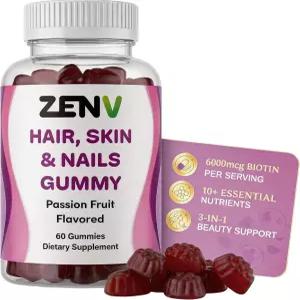 ZENV 여성용 헤어 스킨 네일 구미 6000mcg 바이오틴 데일리 뷰티 비타민 비-GMO A C D E 엽산 B6 B12