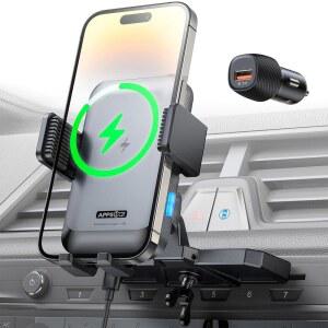 eAj APPS2Car 무선 자동차 충전기 장착 CD 슬롯 자동 클램핑 15W 고속 충전 CD 휴대폰 홀더 17 16 15 14 14 13 12 Pro Max, 삼성 S25 S24, 구글, LG 등에 적합합니다.