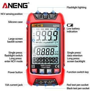 ANENG SZ02 디지털 멀티미터 트루 RMS 9999 카운트 트랜지스터 스마트 전기 용량계 온도 저항 측정기