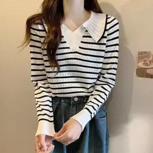 [룽스_65]스트라이프 카라 니트티 무지티 줄무늬티