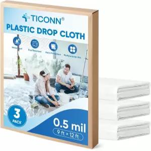 TICONN 12 x 9피트 플라스틱 드롭 천으로 페인팅 방수 페인트 시트 가구 커버용 방수포 바닥 보호 3PK