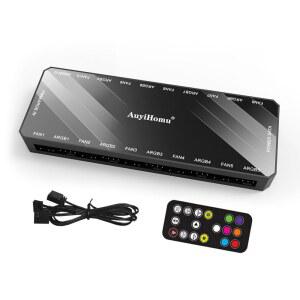 AuiHomu ARGB 및 PWM 팬 허브, 10방향 12V 4핀 PC 케이스 컨트롤러, 5V 3핀 헤더, SATA 전원, 마그네틱 베이스 디자인, ASUS Aura, MSI 미스틱 라이트, 기가바이트용 마더보드 동기화 지원