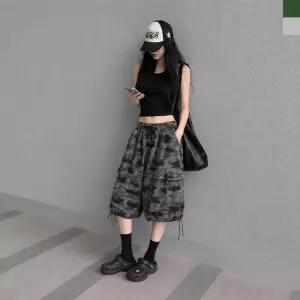 [179st.w]AGG 1015W 여자 카모 밀리터리 스트링 카고 버뮤다 밴딩 팬츠