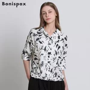 [보니스팍스(Bonispax)] 패턴 프린트 뒤트임 밴딩 카라 블라우스 (택가격: 109000원)