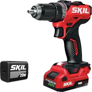 SKIL 12V 브러시리스 무선 1/2인치 소형 드릴 드라이버 키트(2.0Ah USB-C 배터리 및 20W 충전기 포함) -