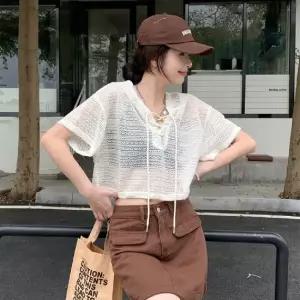 크롭 스트링 후드 니트