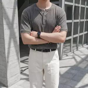 [쿼터]남자 이태리 스냅 헨리넥 반팔 니트