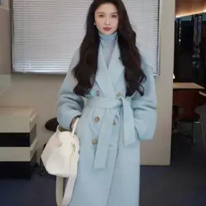 환절기코트 벨트모직코트 스카이블루 울모직롱코트