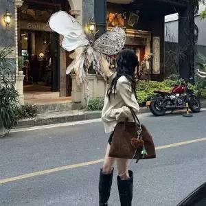 여성용 가을 빈티지 테일러드 하이넥 무스탕 코트 재킷 상의 긴팔 원픽3
