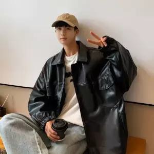 남자 검정 캐주얼 루즈핏 커플 데일리룩 PU가죽 아우터 라이더 항공 가죽옷 점퍼 재킷 봄가을 빅사이즈 인