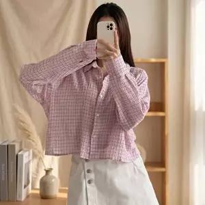 [옷자락]여성 여름 얇은 체크 면 박스핏 크롭 셔츠