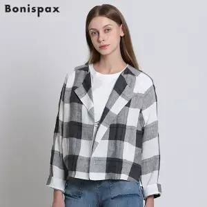 [보니스팍스(Bonispax)] 노 카라 린넨 체크 숏 자켓 (택가격: 239000원)