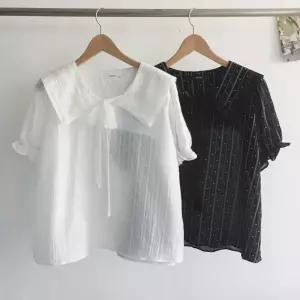[옷자락] 여성 펀칭 레이스 리본 세일러 카라 여름 도트 셔츠