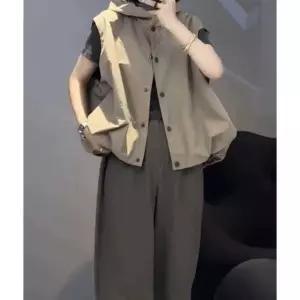 바스락 조끼 집업 베스트 루즈핏 바람막이 셔링 주머니 M 카키 아우터
